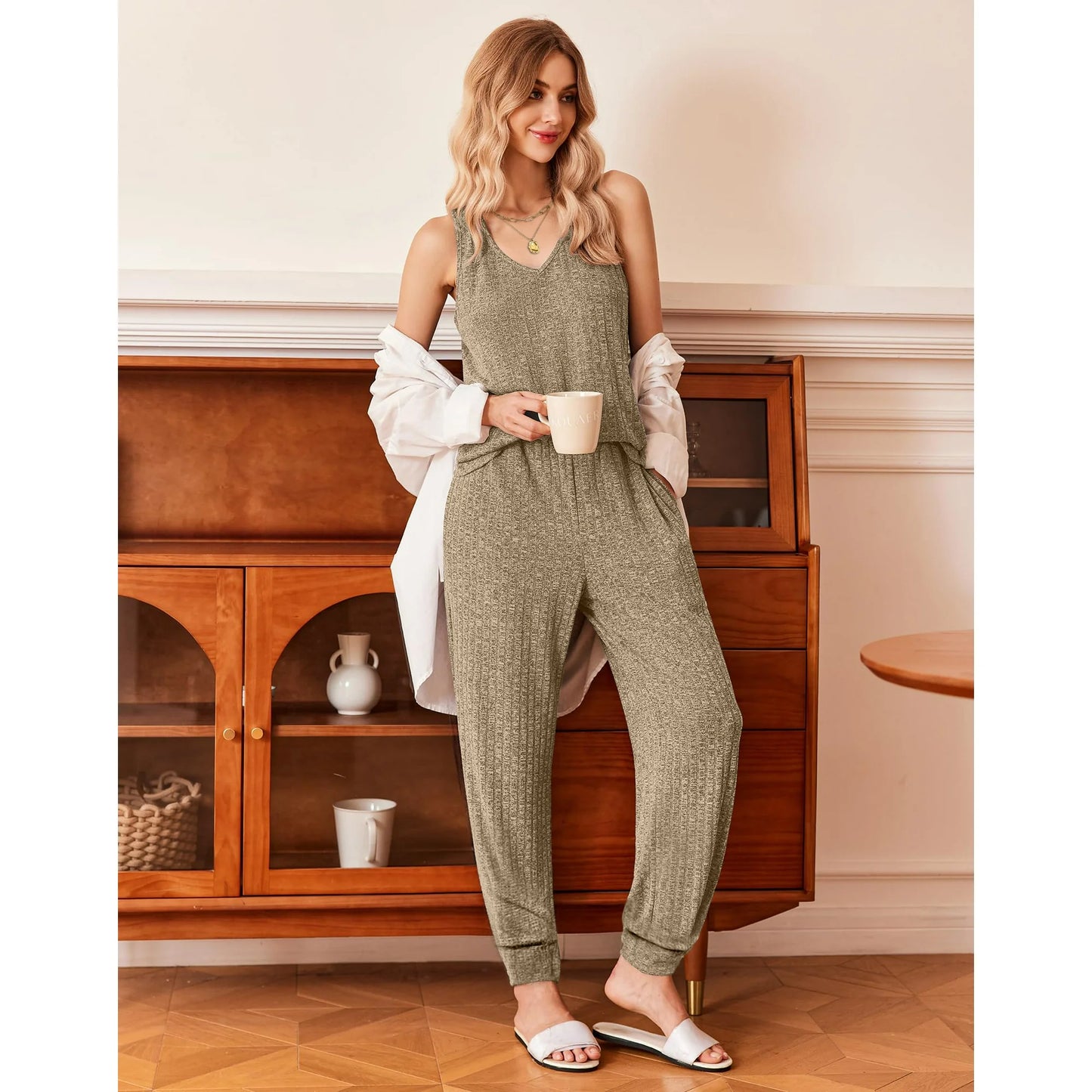 Fantaslook Womens Pajamas Sets V Neck Tank Tops and Long Pants Two Piece Lounge Sets Summer Oufits Loungewear