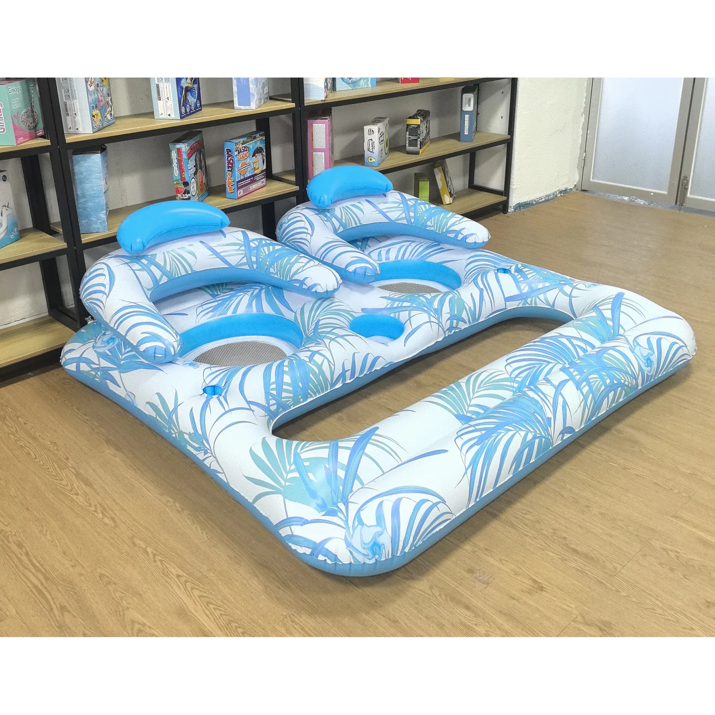 GVDV Pool Lounger Floats for 2 Person, 72 x 65Giant Size Pool Float Chair with Backrest, Footrest, Cup Holder Fruit Tray, Comfortable Lounge Chair for Pool, Beach, Lake