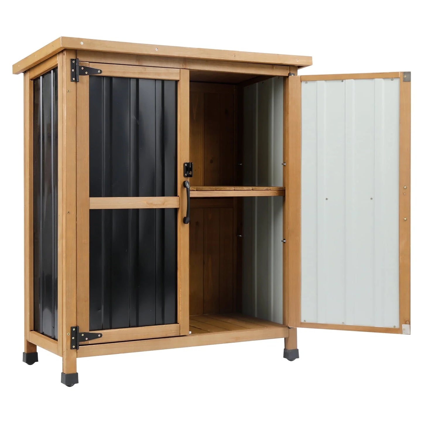 PETSCOSSET Outdoor Storage Cabinet Wood & Metal Small Storage Shed Waterproof Roof, Double Lockable Doors Garden Shed with Removable Shelves for Patio, Garden