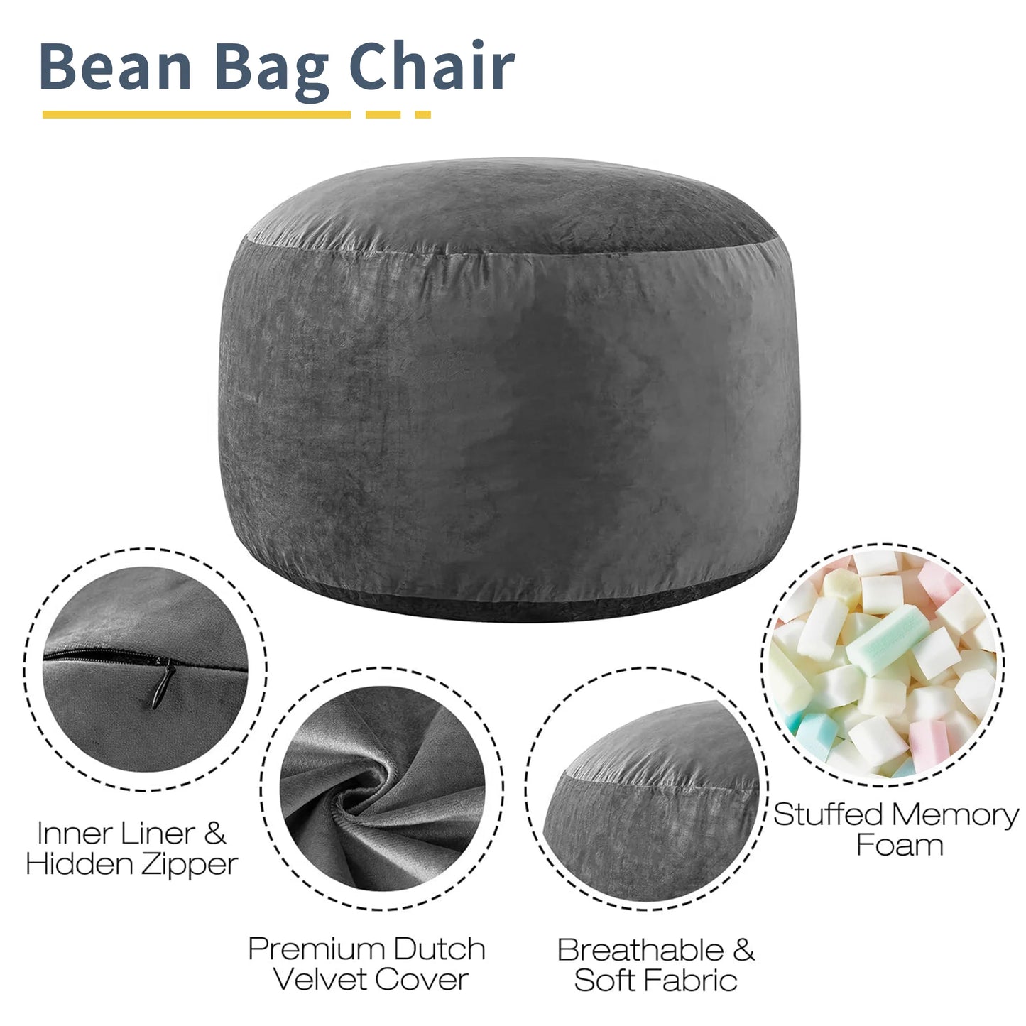 XIECUVA Bean Bag Chair Stuffed Memory Foam for Adults and Kids,Medium Size Beanbag Sofa,3 ft