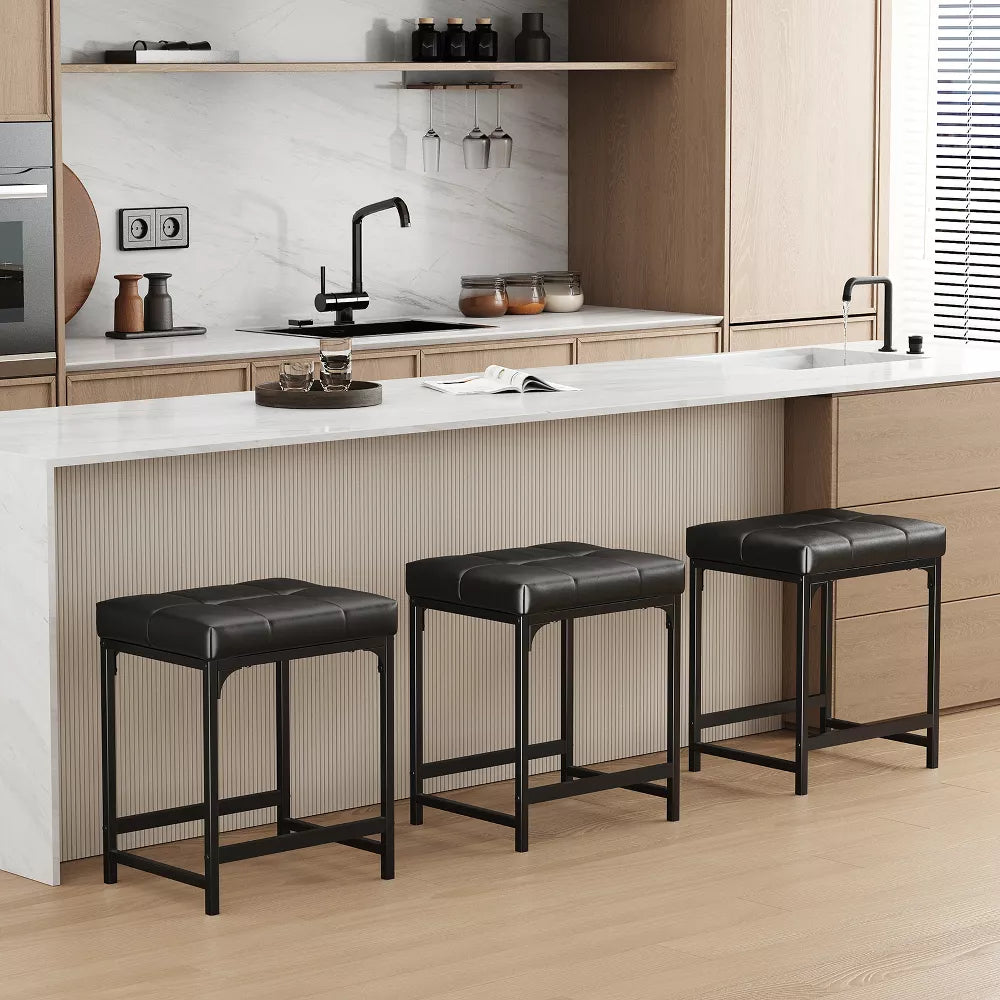 DOMETOUR 2 Pack Vanity Stool Chair, Modern Faux Leather Small Makeup Bench Sturdy Metal Vanity Foot Stool for Makeup Room Bedroom