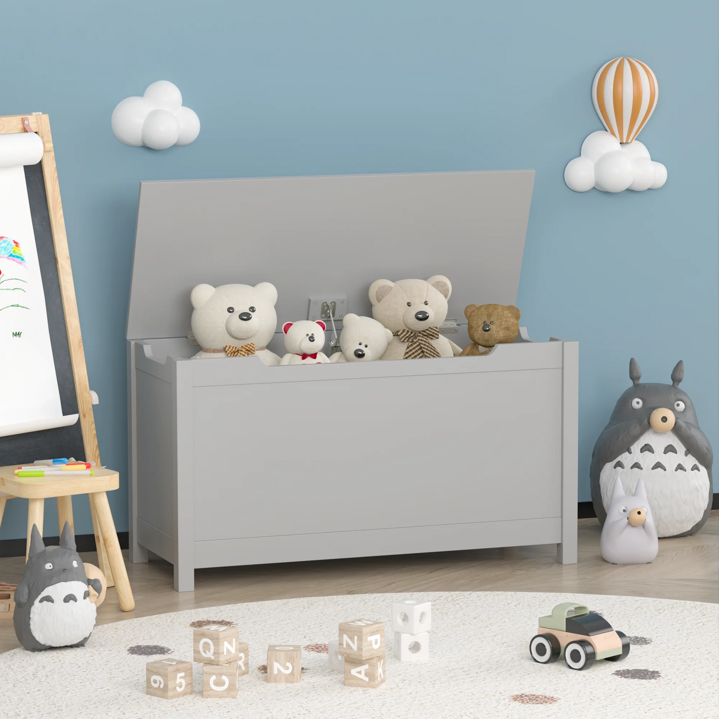 SESSLIFE Toy Storage Box, Wooden Toy Box and Storage Chest with Seating Bench, Toy Chest with Safety Hinged Lid, Gift for Boys Girls
