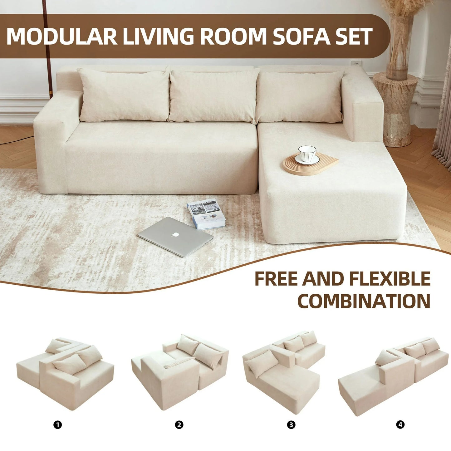 PAPROOS Compressed L-Shape Sectional Sofa Couch with Pillows, Modern Polyester 3 Seater Convertible Upholstered Couches for Living Room, Apartment, No Assembly Required, Beige