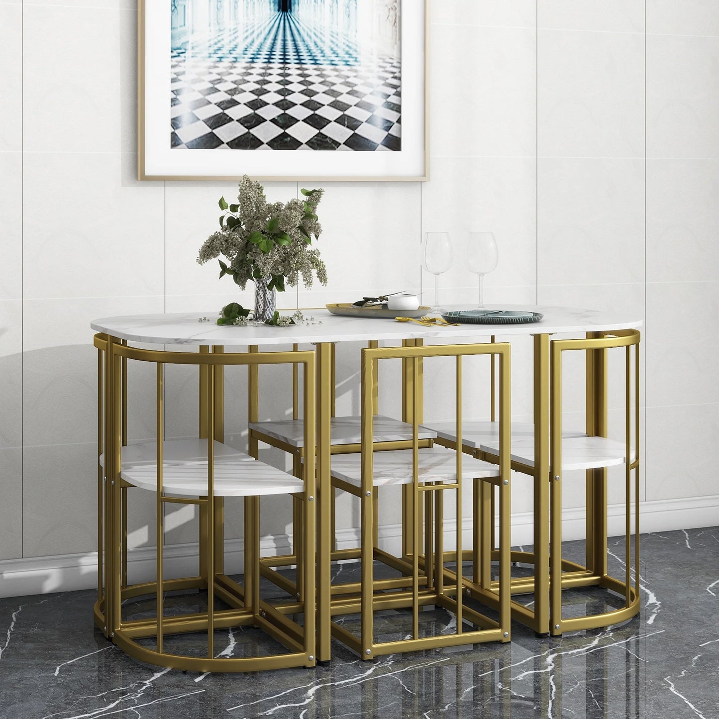 Paproos Dining Table Set for 6, 7 Piece Faux Marble Dining Room Table and Chairs Set, Compact Kitchen Table Set, Faux Marble Tabletop & Metal Frame, Modern Dinette Set for Breakfast Nook, White&Gold