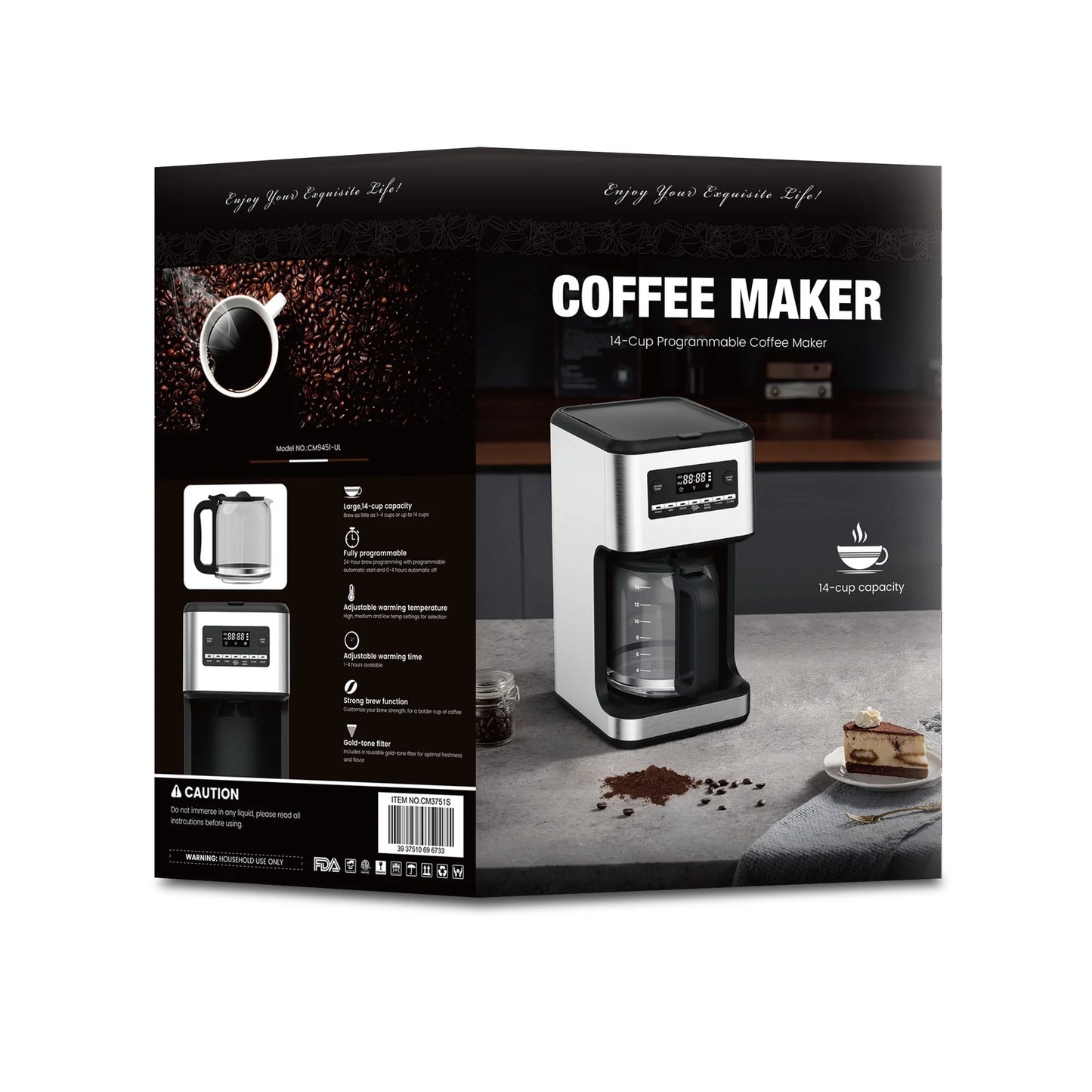 Auseo 14-Cup Programmable Coffee Maker - 24Hr Brew Scheduling, Bold Brew & Self-Cleaning, 1050W Fast Brewing w/Large Glass Carafe & Reusable Filter for Home/Office (Stainless Steel)"