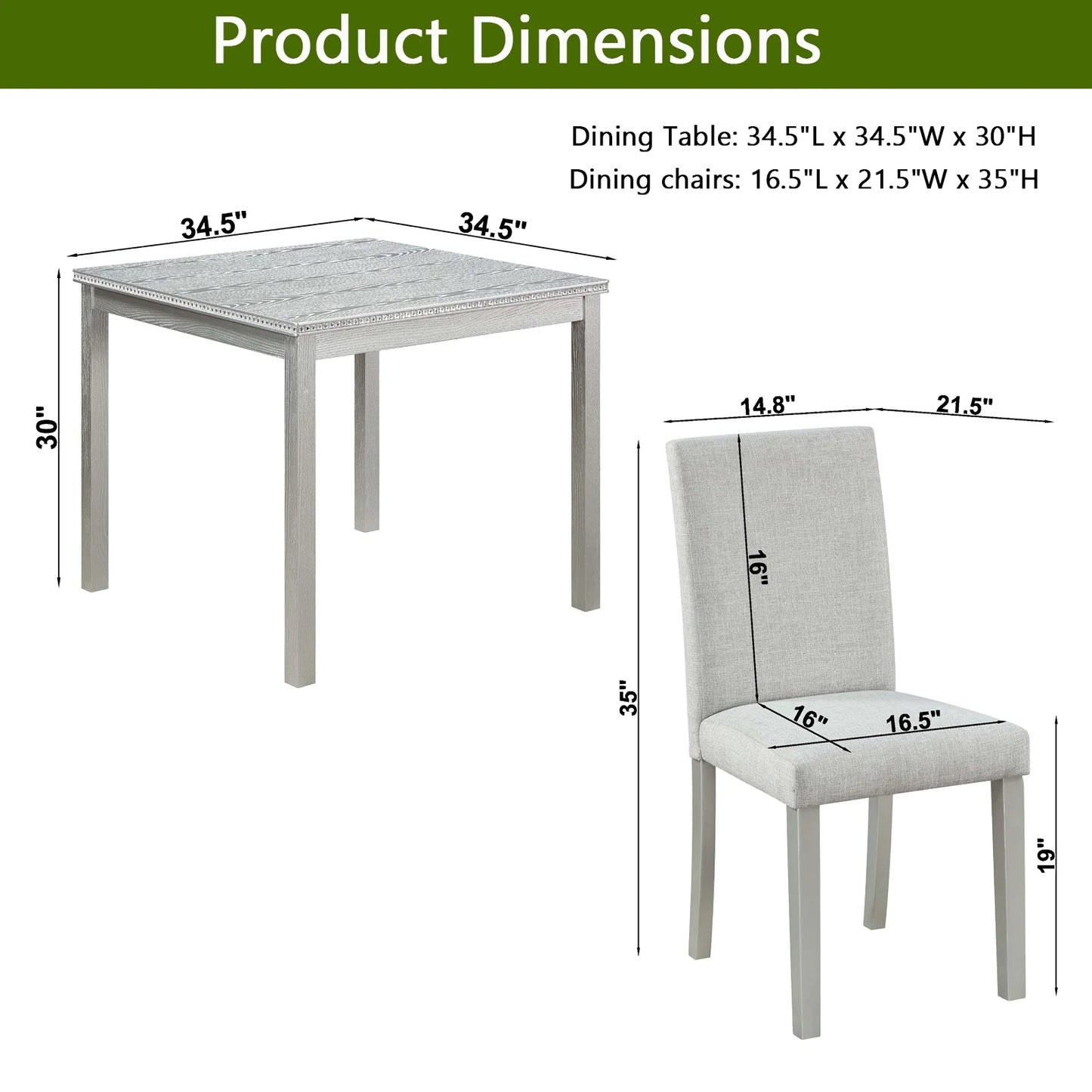PORKISS Dining Table Set for 4, Dining Room Set with 1 Square Table 4 Upholstered Chairs, Gray