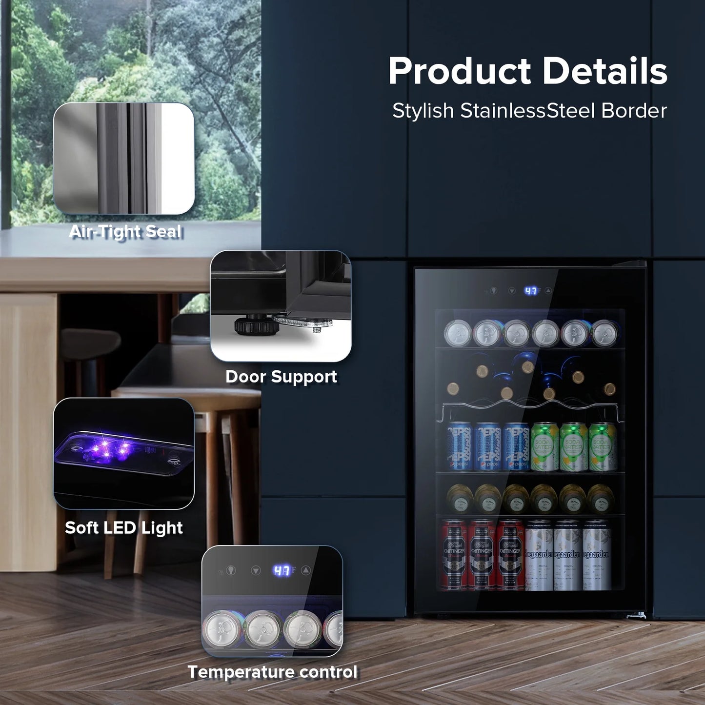Auseo 145 Cans Beverage Refrigerator Cooler, Black Glass Door, Adjustable Shelf, Bar/Office/Home, Black