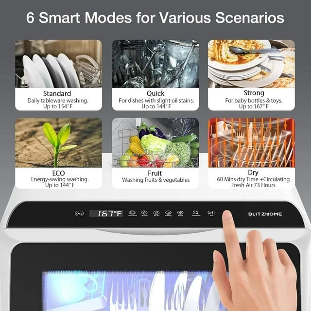 BLITZHOME Portable Countertop Dishwashers, Compact Smart Dishwashers with 5 L Built-in Water Tank,5 Modes and Baby Care for Apartments& RVs, No Installation Needed
