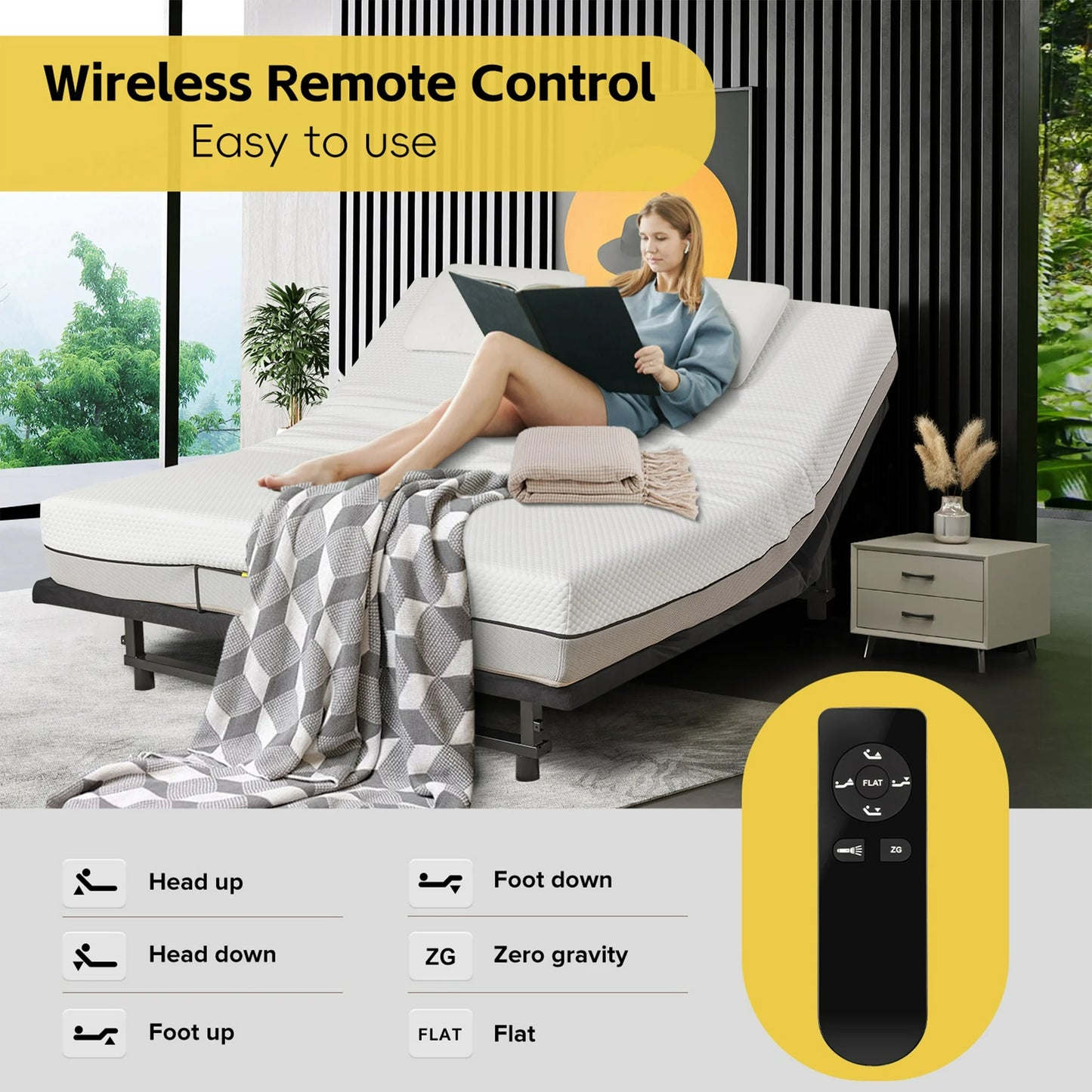 Queen Size Electric Ergonomic Adjustable Bed Frame, Adjustable Bed Base Frame with Wireless Remote, Independent Head and Foot Incline, Metal Platform Bed Frame with Quiet Motor