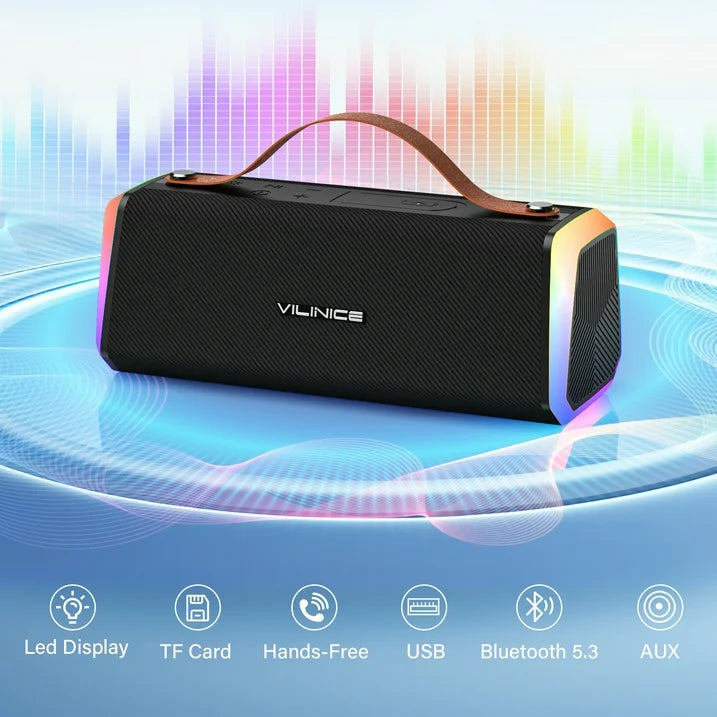 VILINICE Bluetooth Speaker, IPX6 Waterproof Portable Wireless Speaker Outdoor with Handle, RGB Lights, Dual Drivers for Deep Bass Stereo Sound