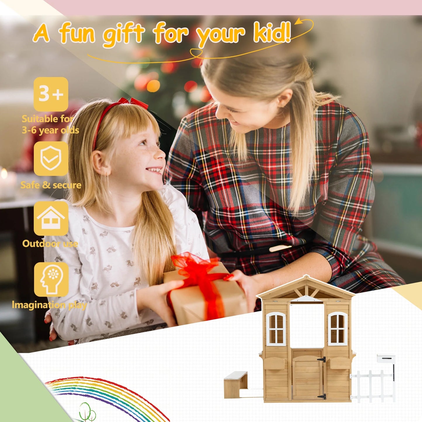COCLUB Play House for Kids Ages 4-8, Outdoor Wooden Playhouse with Play Kitchen, Snack Bar, Picnic Bench, Mailbox, Flowerpot Holders, 39" x 38" x 55.5"