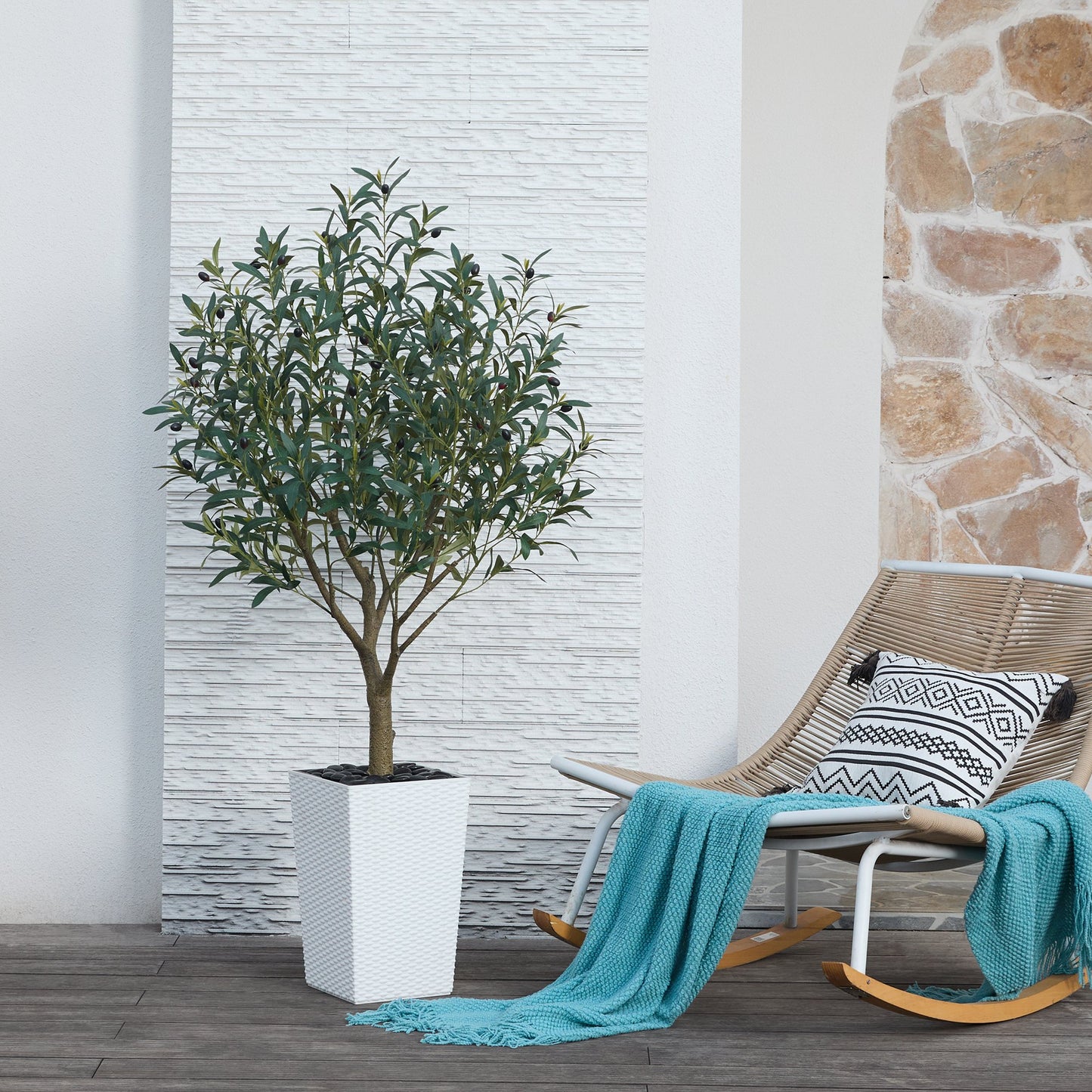 DR.Planzen UV Resistant 5ft Artificial Olive Tree in White Large Planter with Pebbles– Faux Olive Tree for Indoor and Outdoor Decor, Lifelike Greenery for Home Garden Decor