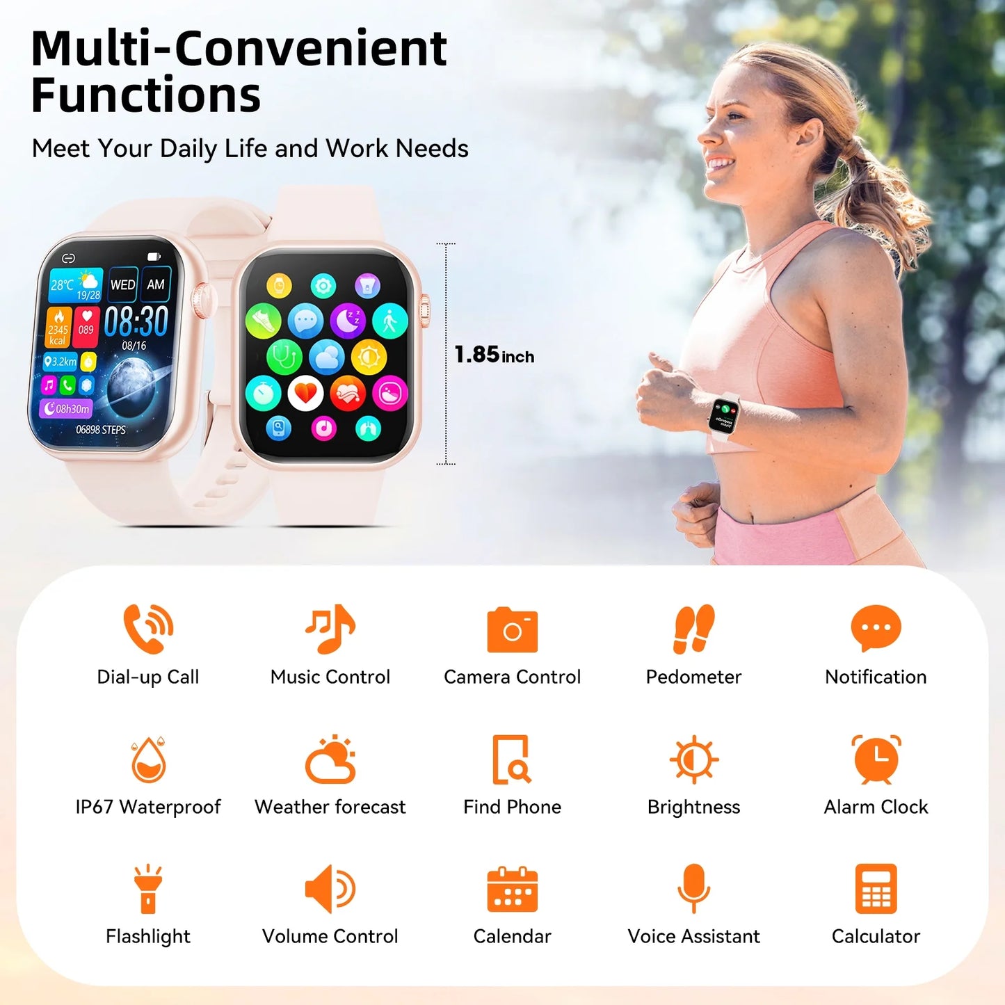 Mingdaln 2025 New 1.85-inch Men Women's Smartwatch with Answer/Make Calls/100 Sports Modes/Message Reminder, IP67 Waterproof Fitness Tracker for Android Iphone Devices(Pink)