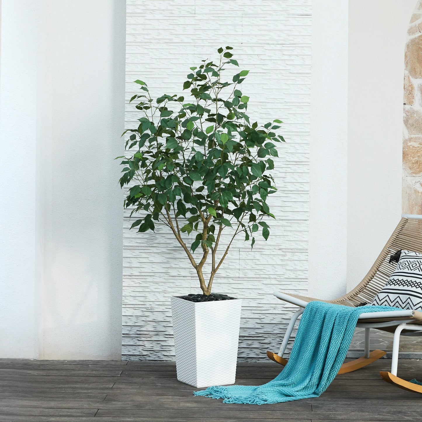 DR.Planzen Artificial Ficus Tree 5ft - UV Protected Faux Ficus Plant with Adjustable Branches and Realistic Green Leaves for Indoor Outdoor Decor, White Large Planter with River Rocks