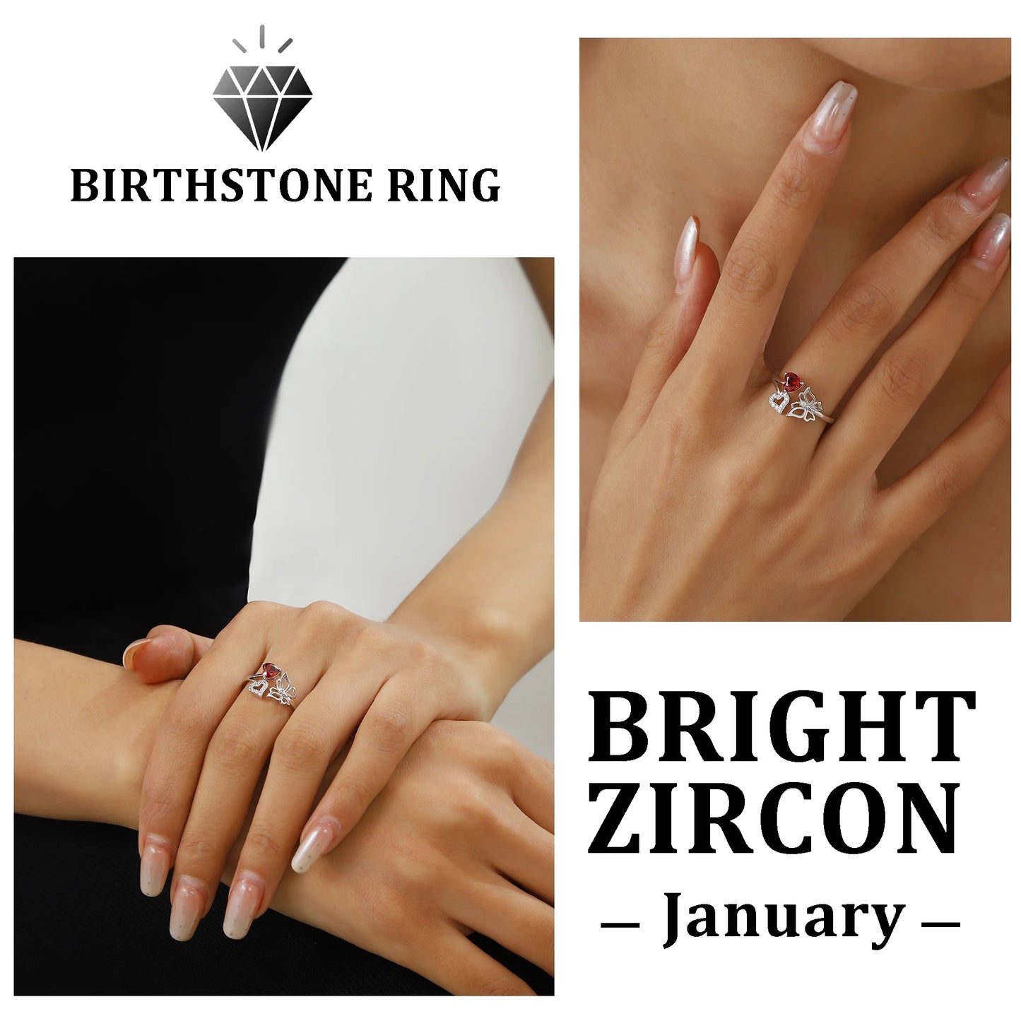 Beautlace Heart Birthstone Ring,Butterfly 925 Sterling Silver Adjustable January Garnet Birthstone Open Band Rings Birthday Christmas Valentines Mothers Day Jewelry Gifts for Women Mom