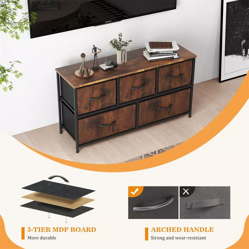 Resenkos 5-Drawer Bedroom Dresser: Spacious Chest with Storage Tower, Furniture Organizer Unit for Bedroom, Living Room, or Hallway Brown