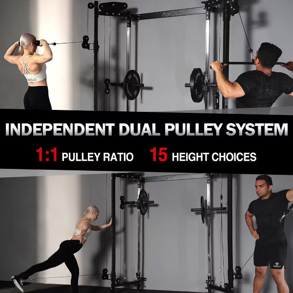 ER KANG Folding Squat Rack, Wall Mounted Power Rack with Cable Crossover Machine&LAT Pull Down, Functional Trainer with 5 Function Modes