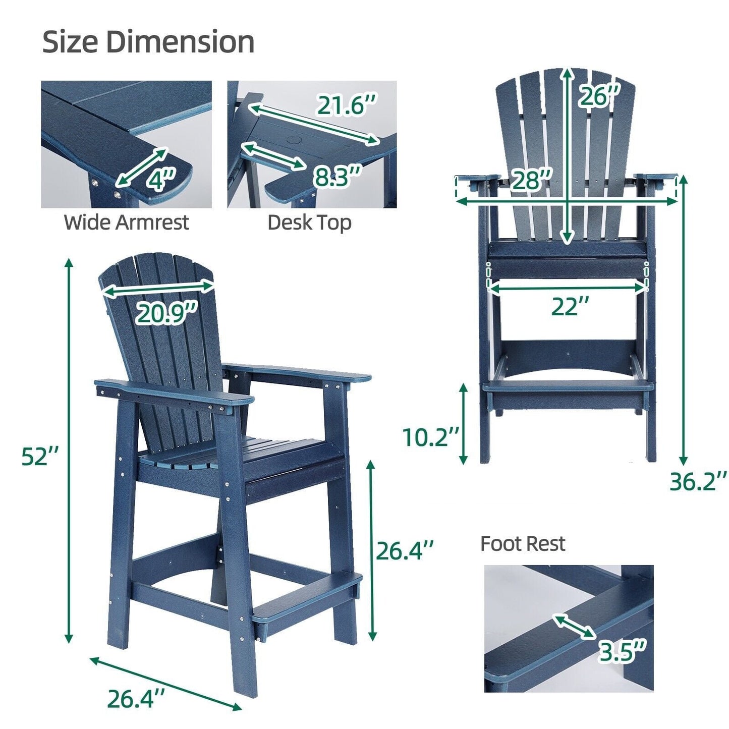 Farini Tall Adirondack Chairs Set of 2 with Connecting Table, Blue