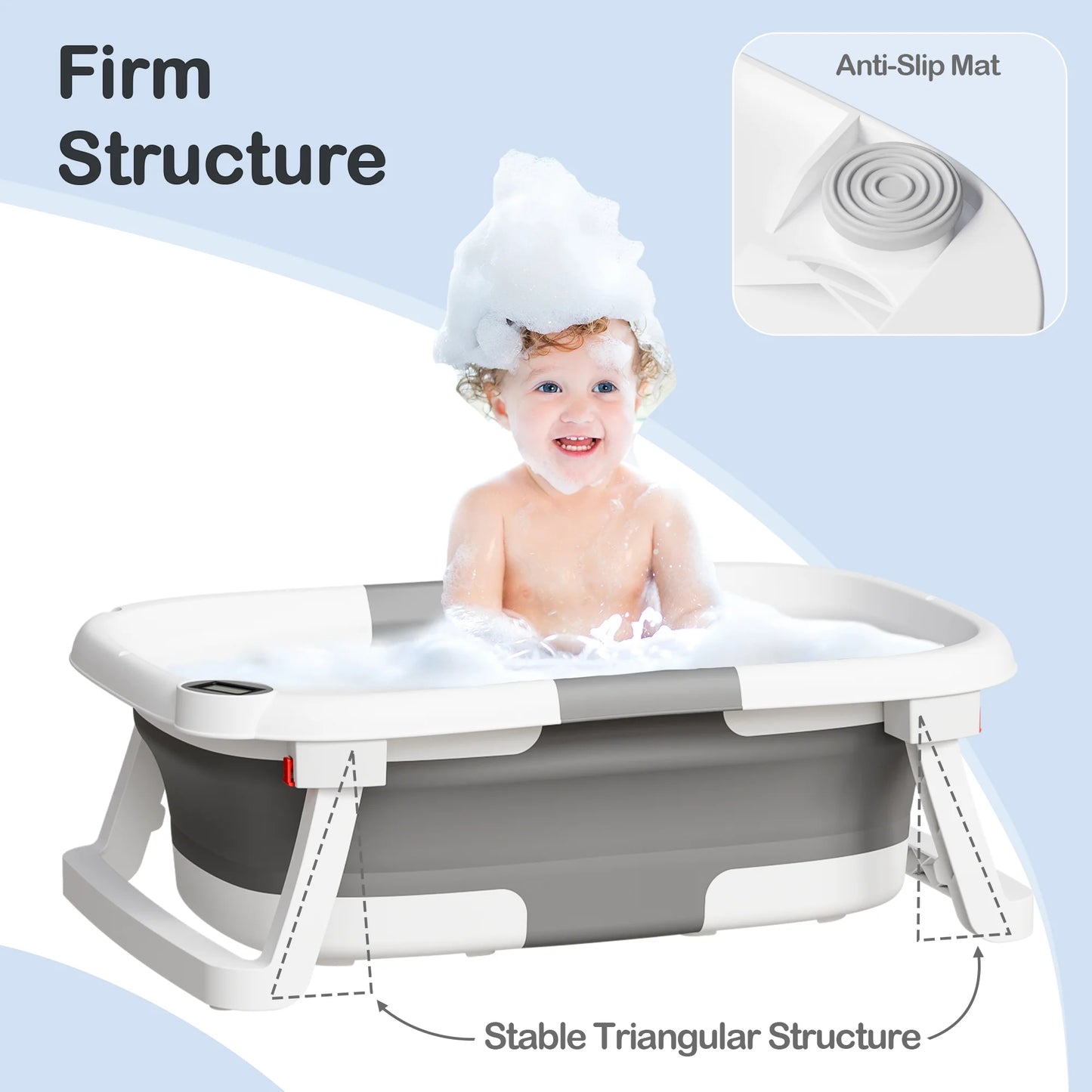 Aprpink Foldable Baby Bathtub PP+TPE with Soft Cushion&Thermometer for 0-36 Months Toddler Gray
