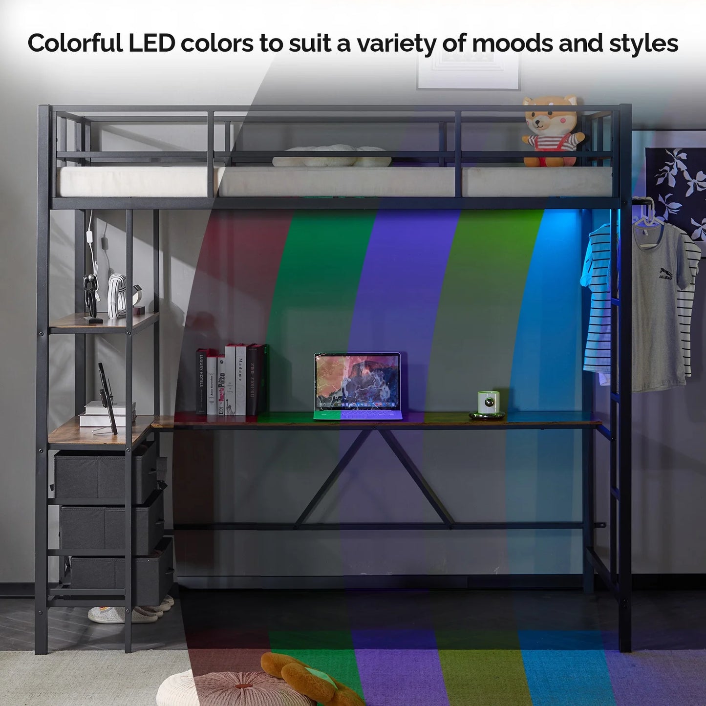 Zimtown Twin Loft Bed Frame with L Shaped Desk, Metal Bed w/ LED Light and Charging Station, Black