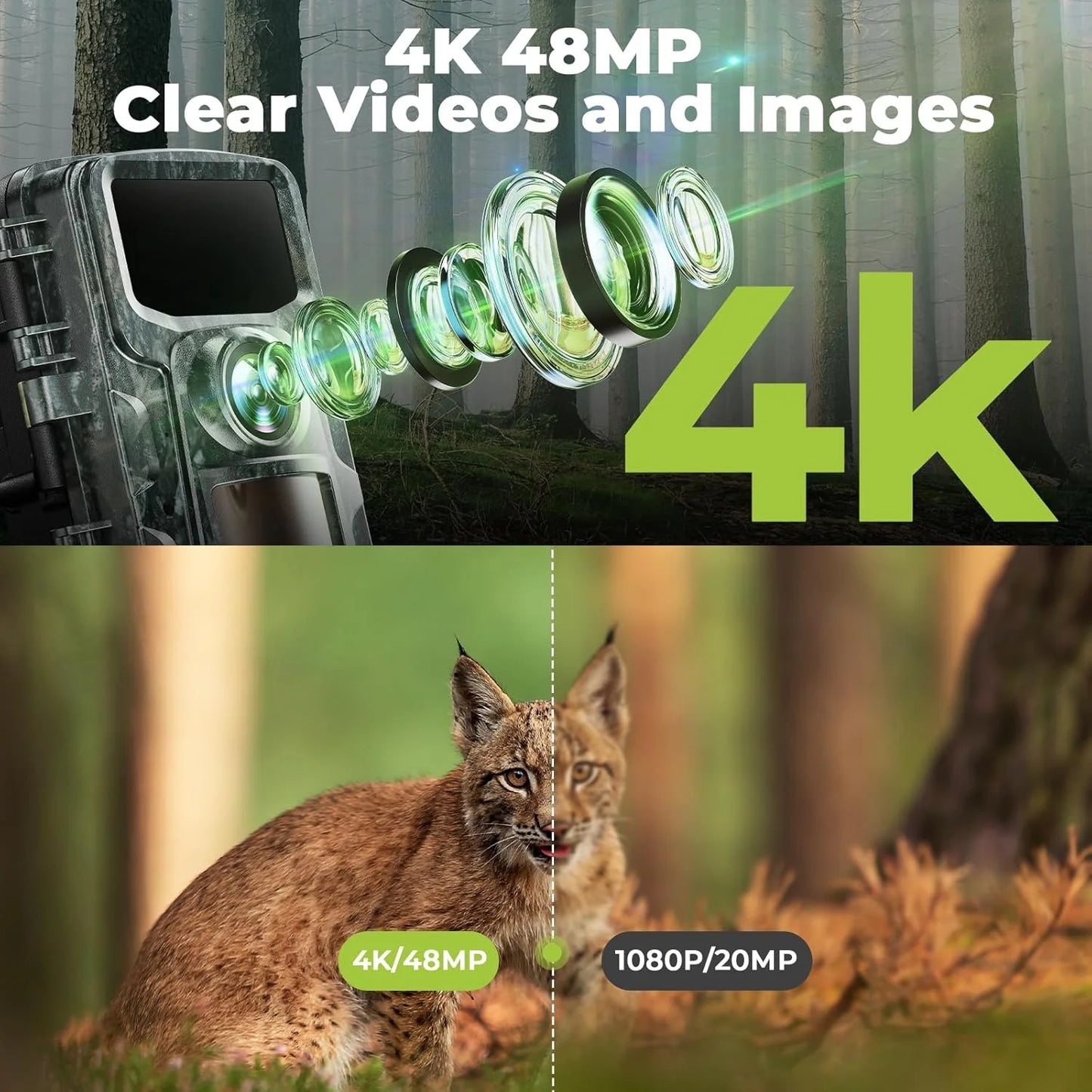 CAMPARK Trail Camera 4K 48MP Game Deer Hunting Camera with Night Vision Waterproof IP66 0.1s Trigger Time Latest Sensor Motion 120° Wide Angel Time-Lapse Trail Cam for Wildlife Monitor 2.0"LCD