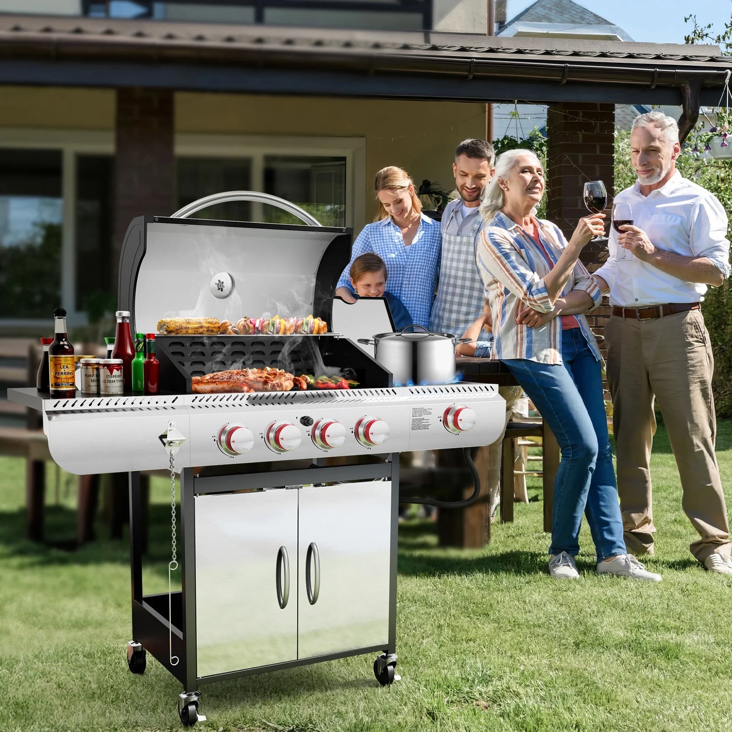 LHRIVER 4 Burner Stainless Steel Propane Gas Grill with Side Burner, Portable Outdoor Barbecue Cooking BBQ, 42,000 BTU