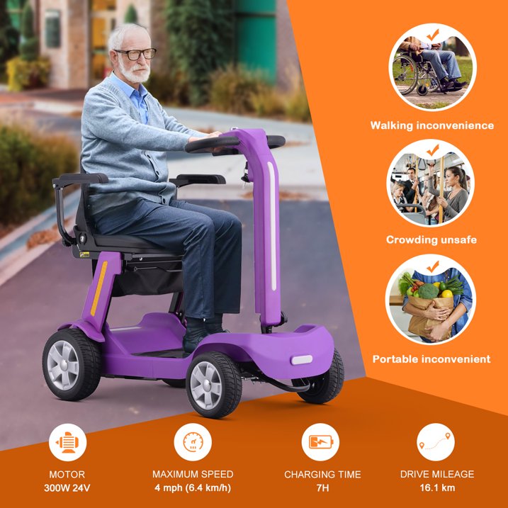 SUNDERWELL 4 Wheels Mobility Scooter for Adults Senior, Foldable Lightweight Powered Device for Travel, with LED Strip Light, Storage Bag, Charger Included, No Assemble Required (Purple)
