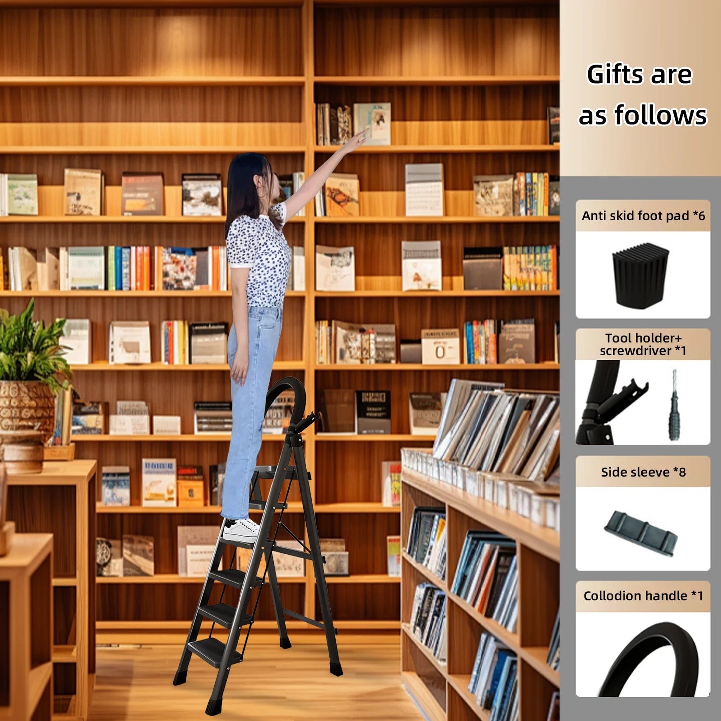stusgo 6 Step Steel Ladder Folding Step Stool with Tool Holder for Easy Use-Black