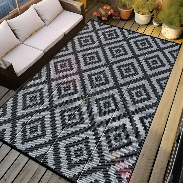 GOTGELIF Outdoor Rug 6x9 Waterproof Outdoor Area Rug Reversible Portable Outdoor Plastic Straw Rug Indoor Outdoor Carpet for Garden Porch RV Camping Mat Grey Black