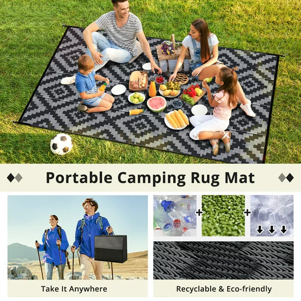 GOTGELIF 9x18 Outdoor Rug Waterproof Outdoor Area Rug Reversible Portable Outdoor Plastic Straw Rug Indoor Outdoor Carpet for Garden Porch RV Camping Mat Grey Black