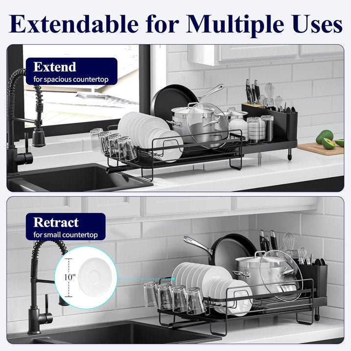 Large Dish Drying Rack - Extendable Dish Rack, Multifunctional Dish Rack for Kitchen Counter, Anti-Rust Drying Dish Rack with Cutlery & Cup Holders 19.2"-26.7" L x 12.9" W, Black