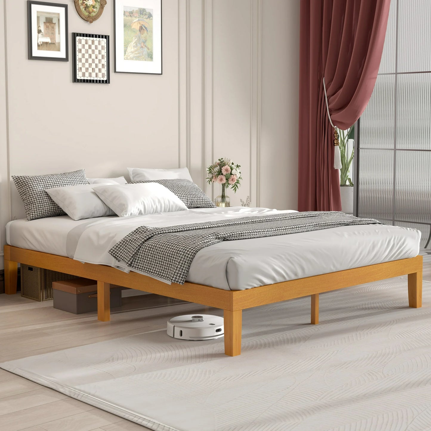 EDX Full Size Wood Bed Frame, No Spring Needed, 12in Wooden Platform Bed Frame Mattress Foundation with Support Slats, Natural Pine