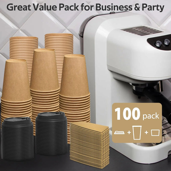100 Pack 12 oz Paper Coffee Cups, Disposable Coffee Cups with Lids and Sleeves for Home and Cafes.