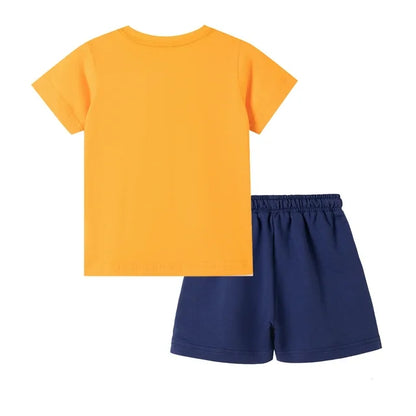 HILEELANG Toddler Boy Summer Short Clothes Sets Outfits Easter Cotton Yellow Leopard Tee Shirts Pocket Adjustable Knite Shorts Playwear Sets 2T