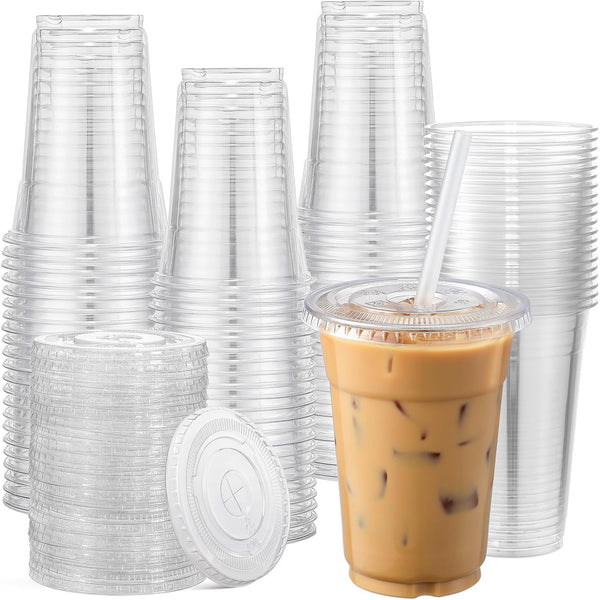 100 Pack - 16 oz Clear Plastic Cups with Lids and Straws ,Sturdy & Food Safe Disposable Cups