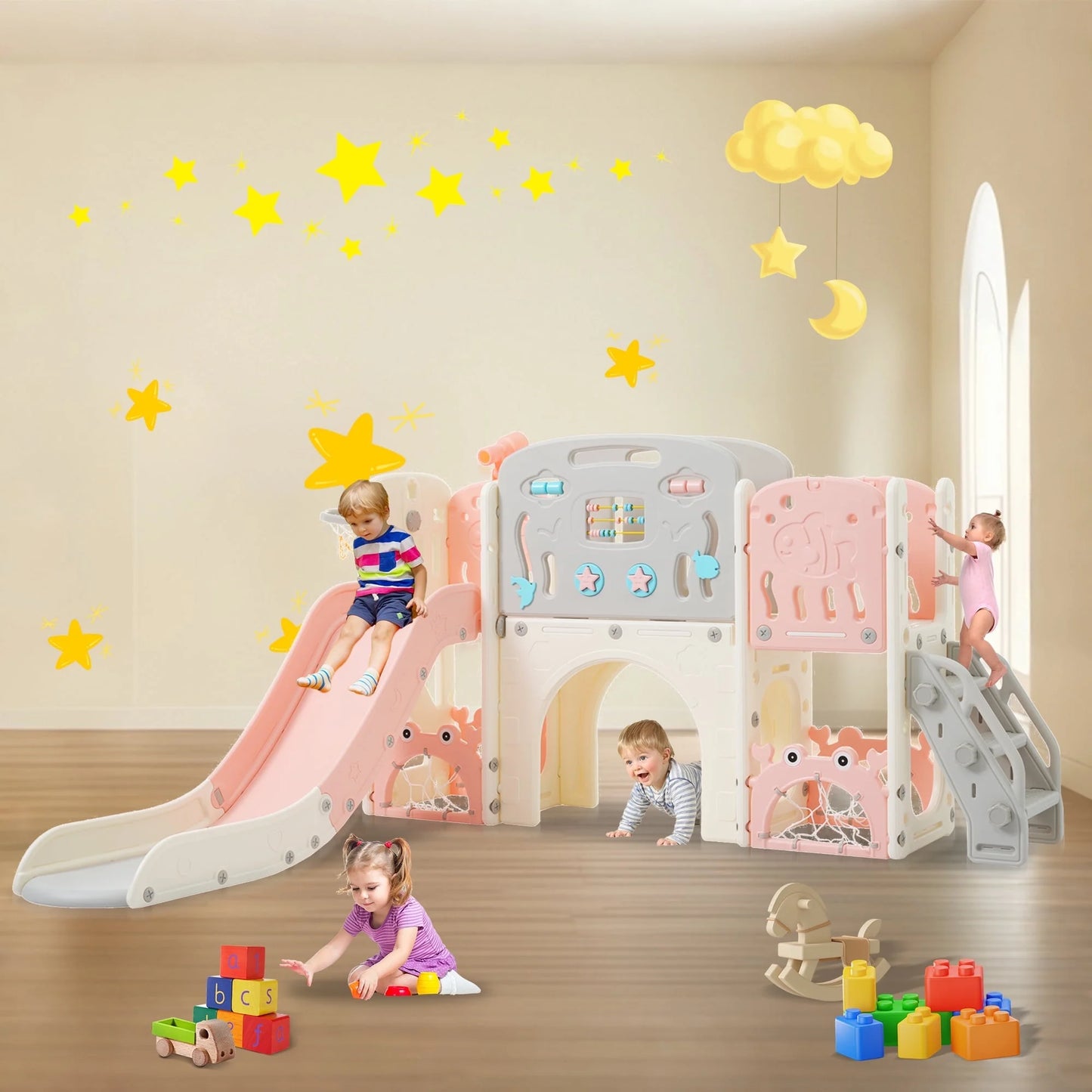 11 in 1 Toddler Slide, Kids Slide for Toddler Age 1-3 with Basketball Hoop, Kids Slide Playset Structure, Arch Tunnel and Telescope, Toy Storage Organizer for Toddlers, Kids Climbers Playground