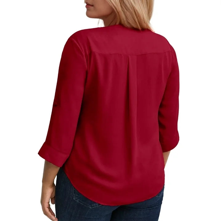 WellSize 3/4 Roll Sleeve Work Shirts for Women Plus Size Tunic Tops Flowy V Neck Button Down Blouses with Pockets