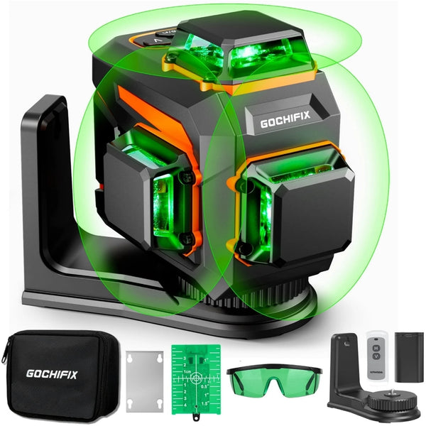 Laser Level, GOCHIFIX 12 Lines 3x360 3 Modes Green Cross Laser Level Self Leveling with 360 Rotating Bracket,Remote Control,Rechargeable Battery and Carry Pouch Included,IP54,100 FT Working Range ﻿