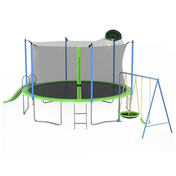 SHINPT 12FT Trampoline with Slide and Swings, ASTM Approval Recreational Trampoline with Basketball Hoop and Ladder, Easy Assembly, Outdoor Fitness Trampoline for Kids and Adults