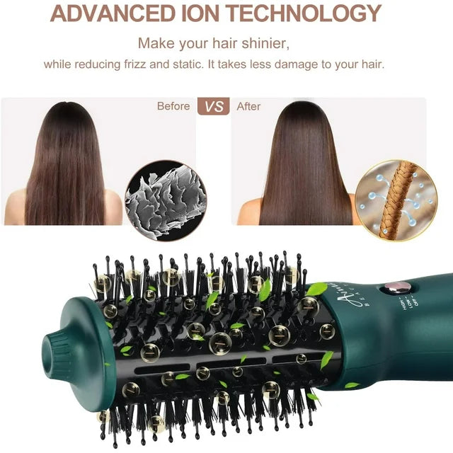 Aima Beauty Hair Dryer Brush Dual Voltage Worldwide Travel Blow Dryer Brush Hot Air Brush with Oval Barrel 360°Airflow for Smooth,Negative Ionic Frizz-Free Drying/Straightening/Voluming, Dark Green