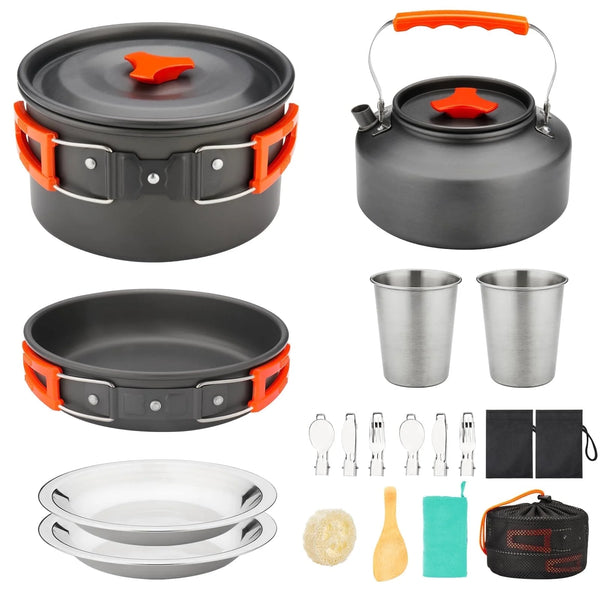 16pcs Camping Cookware Mess Kit, Non-Stick Lightweight Pot Pan Kettle Set with Stainless Steel Cups Plates Forks Knives Spoons for Camping, Outdoor Cooking and Picnic