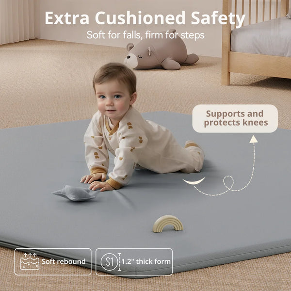 Baby Play Mat, Novashion Vegan Leather Baby Floor Mat Playpen Mat, Thicken Soft Crawling Mat for Infant, Wipe-Clean, 52"x 45", Gray