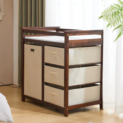 Baby Changing Table,Dresser Baby Diaper Changing Station with Laundry Hamper,Infant Nursing Table with 3 Storage Drawers,Removable Safety Rail & Strap for Bedroom,Brown