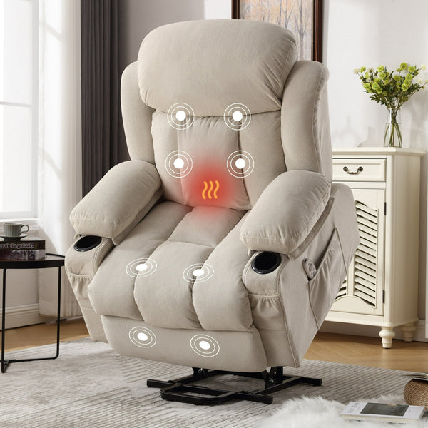 Segmart Power Lift Recliner Chair with Heat and Massage, Ergonomic Rocking Lounge Chair for Living Room, Comfy Overstuffed Recliner with Side Pockets, 2 Cup Holders, USB Charge Port, Beige