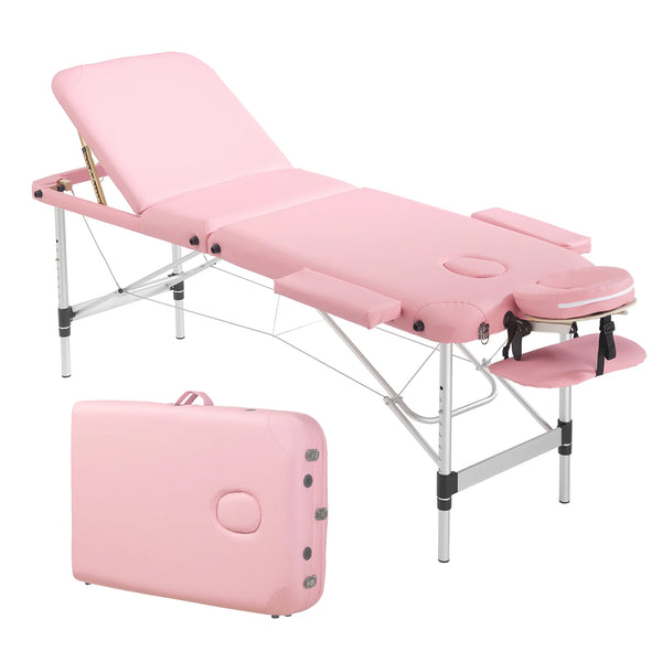 TrumanPick Massage Bed Portable Massage Tables Aluminium 3 Folding Height Adjustable Facial Salon Tattoo Bed with Non-Woven Bag, 24 inch Width Pink