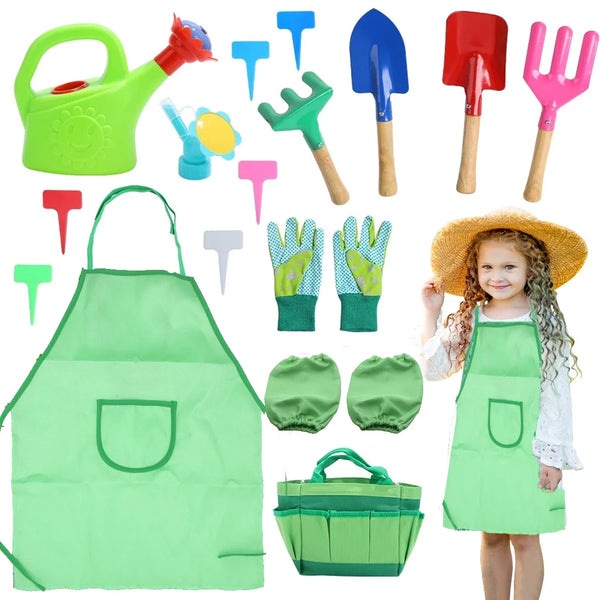 JoyStone Kids Gardening Tools Set, 19 PCS Metal Gardening Set Include Child Safe Rake Shovel with Apron Gloves Watering Can Outdoor Toys Gift for Boys and Girls