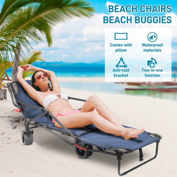 QEASET 2 in 1 Beach Cart Chairs with Wheels,4 Wheels Folding Beach Chair,Foldable Tanning Chair Beach Lounge Chair for Outdoor, Beach, Pool, Sunbathing