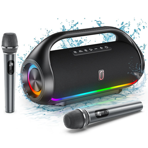 FanFun Waterproof Bluetooth Speaker with DJ Lights, Deep Bass Waterproof Portable Speaker with 2 Wireless Karaoke Microphones, Subwoofer/Tweeter, Outdoor Speaker for Pool Beach Party, D20-T