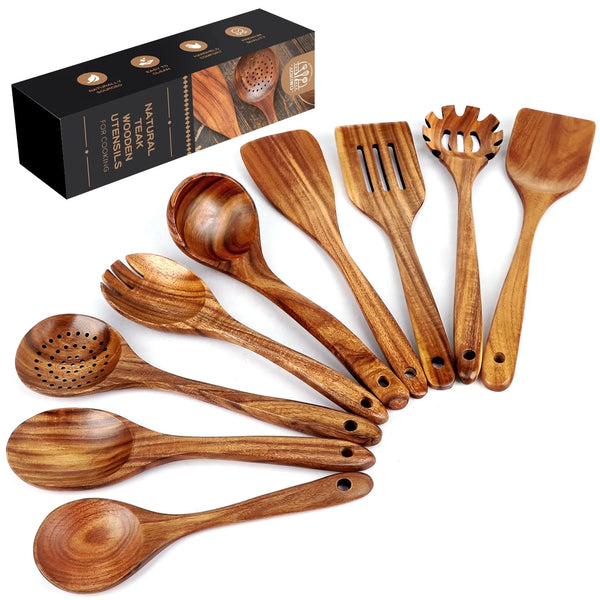 9-Piece Teak Wooden Utensils for Cooking - AOKIWO Smooth Finish Natural Teak Utensil Set - Non-Stick Wooden Spoons for Cooking - Kitchen Gift Set - Comfortable Grip Wooden Utensil Set