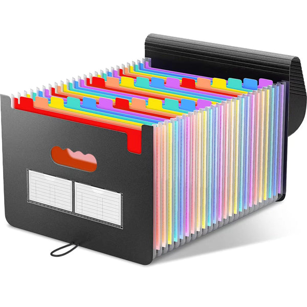 VINAUO 24 Pockets Expanding File Folder with Blank Labels, According File Organizer with Expandable Cover, Desktop Accordion Folders Letter A4 Paper Document Storage Organizer, Black